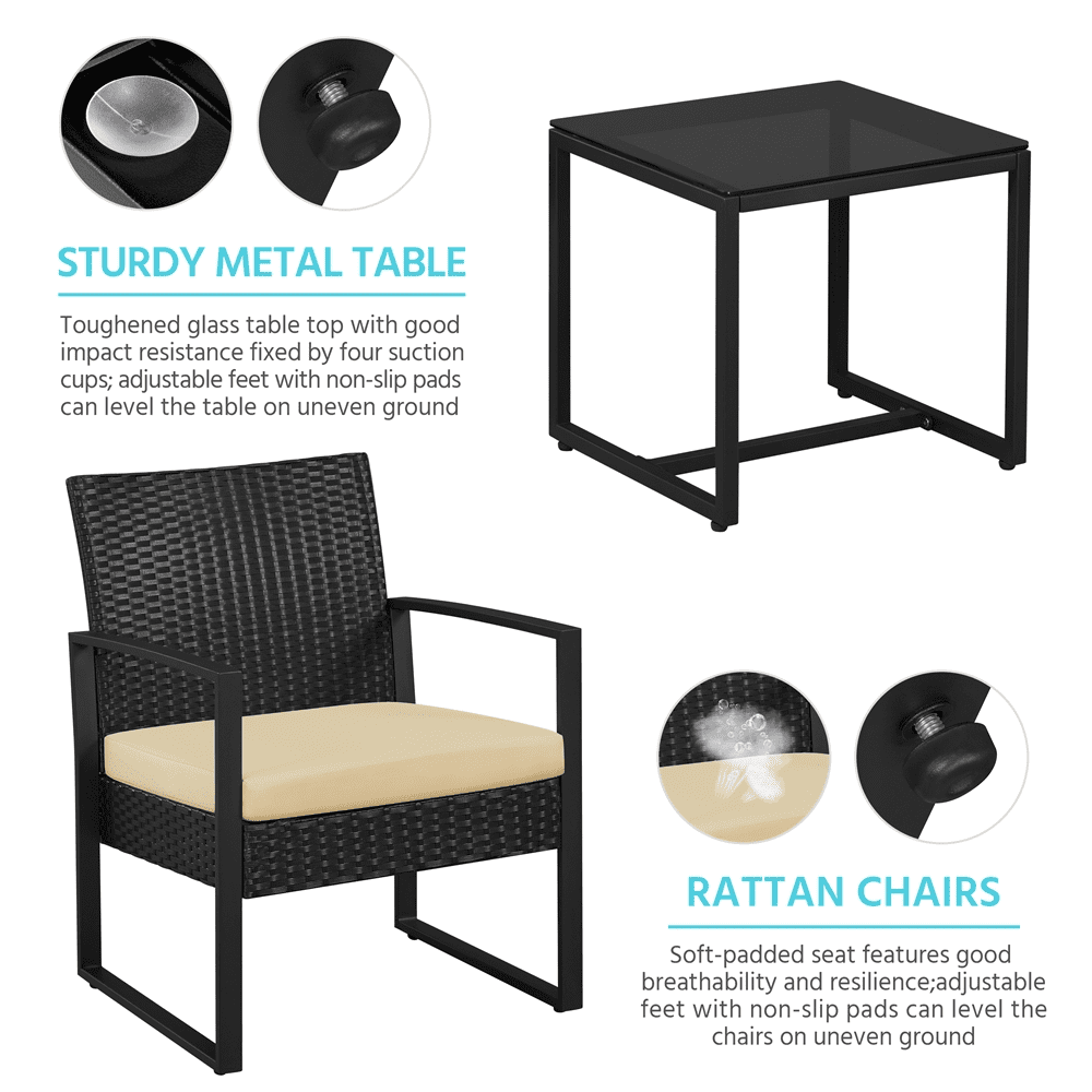 Yaheetech 3-Piece Modern Patio Set Rattan Chairs & Table for Garden, Black/ Khaki