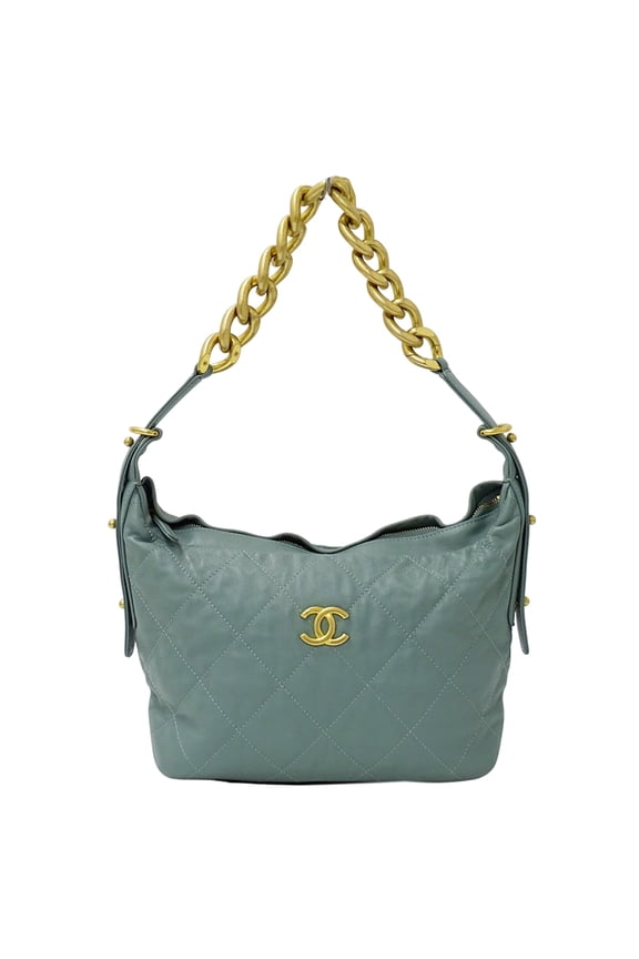 Pre-Owned Chanel Matelass handbag for women, brand name shoulder bag, leather, green, gold...