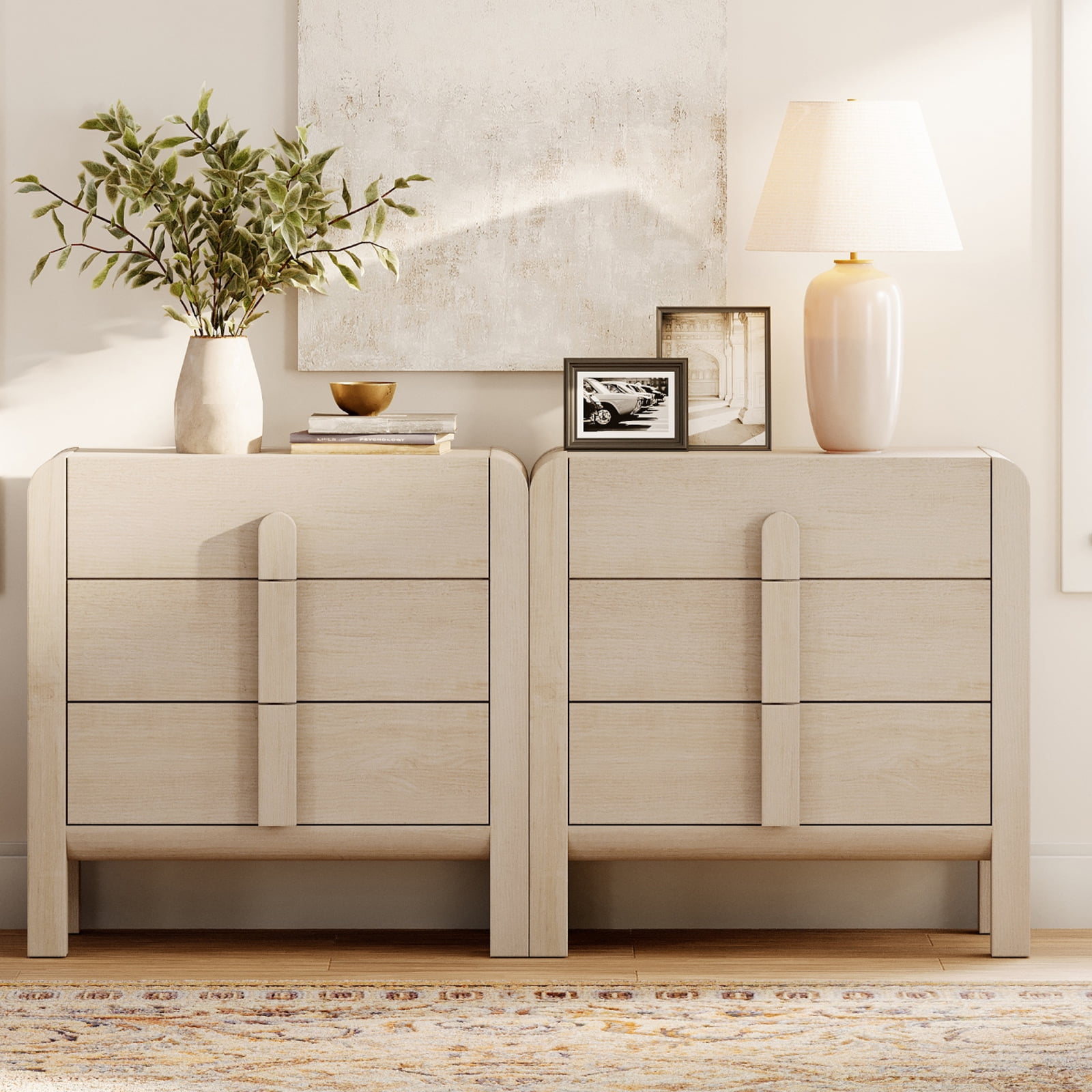 3 Drawer Curved Dresser for Bedroom Set of 2, Mid Century Modern Chest of Drawers, Wood Storage Dresser Organizer for Bedroom Living Room Hallway Closet