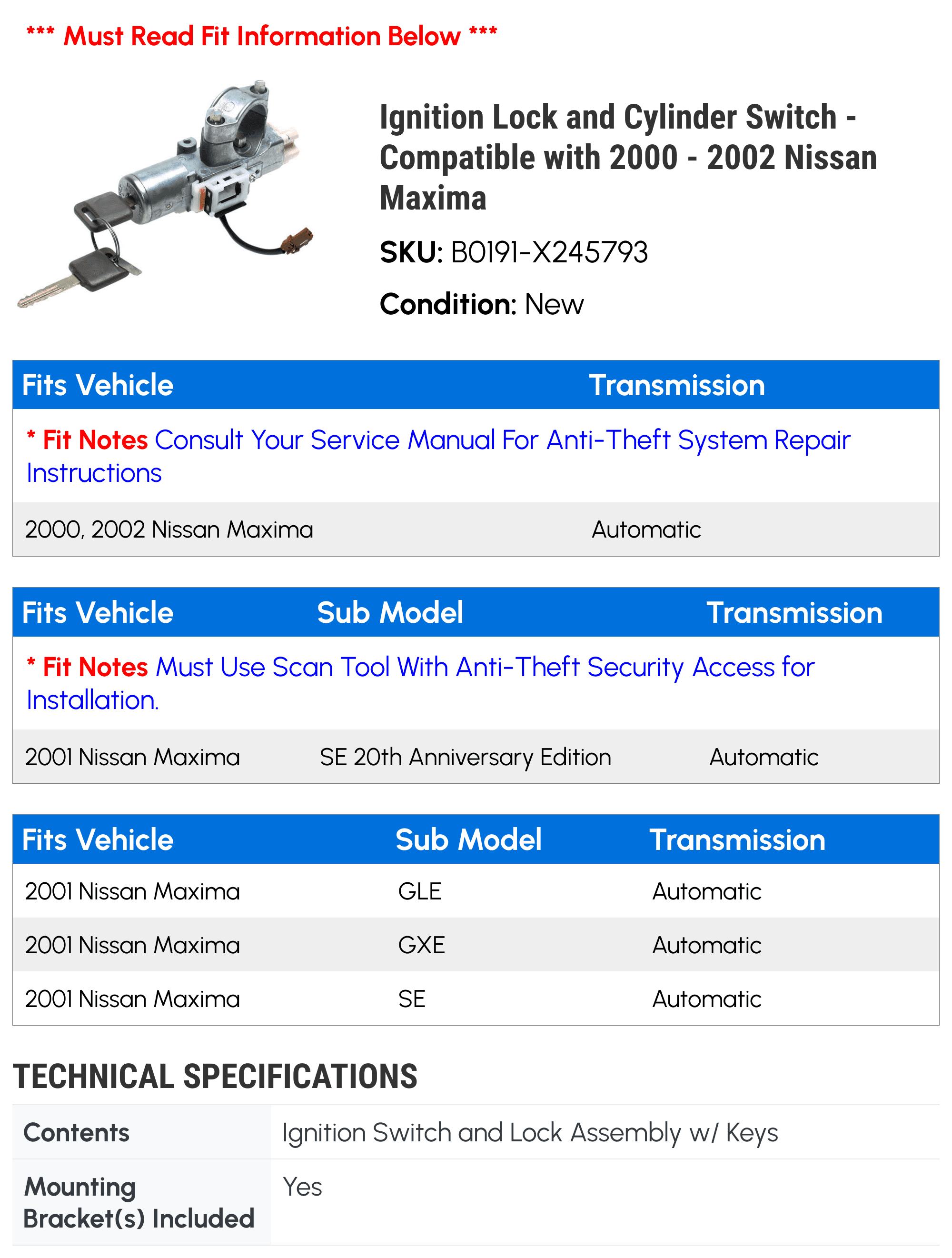Ignition Lock and Cylinder Switch - Compatible with 2000 - 2002 Nissan Maxima 2001