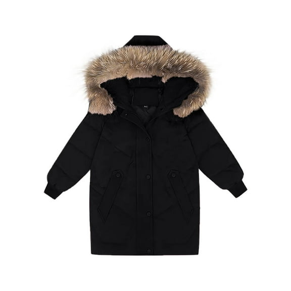 Auroural Winter Jackets for Girls 7-16 Children's Clothing Winter Style Solid Color Big Collar Hooded Girls' Coat Thickened Medium And Large Children's Jacket Black 11 Years