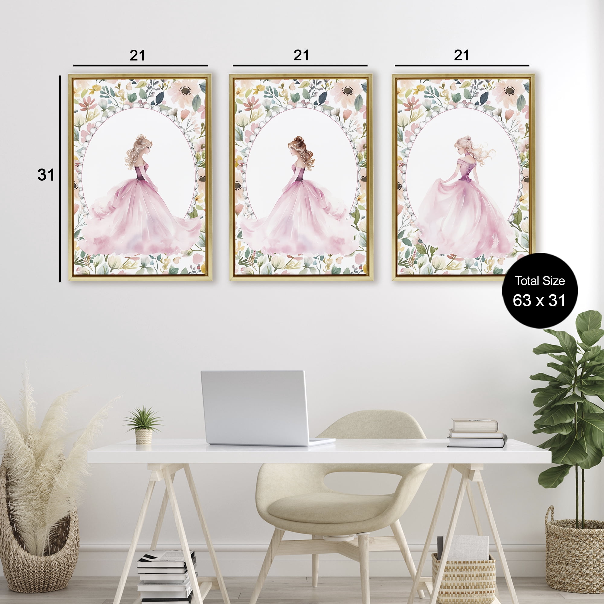 Stupell Industries Bordered Princess Love 3 Piece Gold Framed Floater Canvas Set, design by Christine Simpson Art