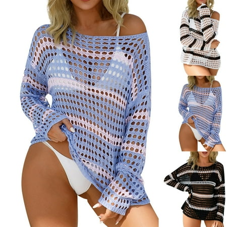 LHOPY Crochet Cover Up for Women 2025 Stripe Swimsuit Summer Bathing Suit Swim Hollow Out Bikini Swimwear Mesh Knit Beach Dress - Black S
