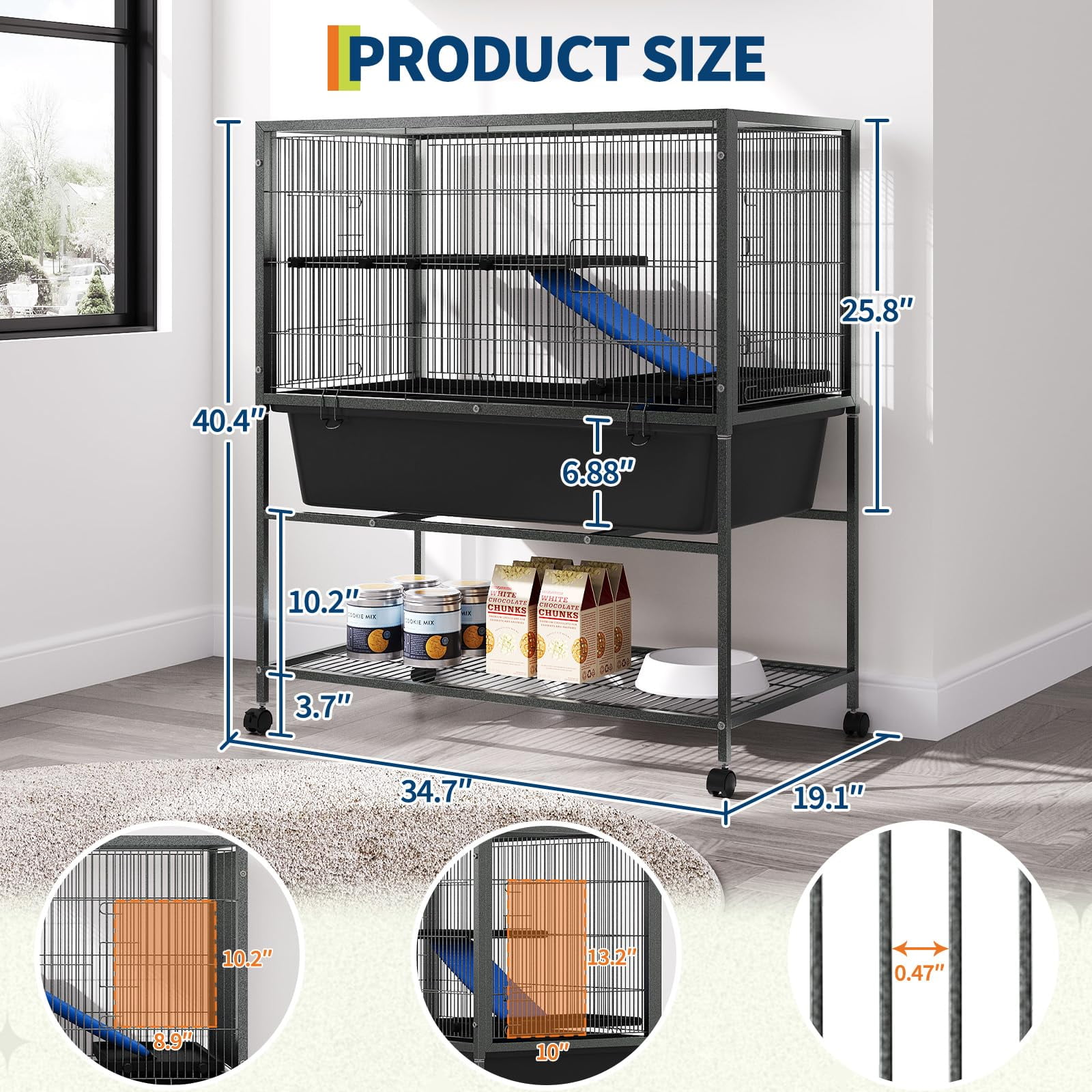 Ataucjin Multi-Level Metal Bird Cage for Small Pets, Removable Platforms & Deep Slide-Out Tray - Lockable Wheels & Storage Shelf,Ideal for Ferrets, Chinchillas, Rabbits, Squirrels