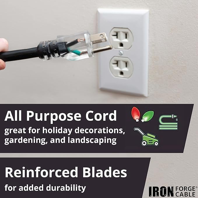 Iron Forge Cable 10 Gauge 25ft Lighted Outdoor Heavy Duty Extension Cord with 3 Outlets - 15 Amp 10/3 SJTW Black Extension Cord with Multiple Outlets