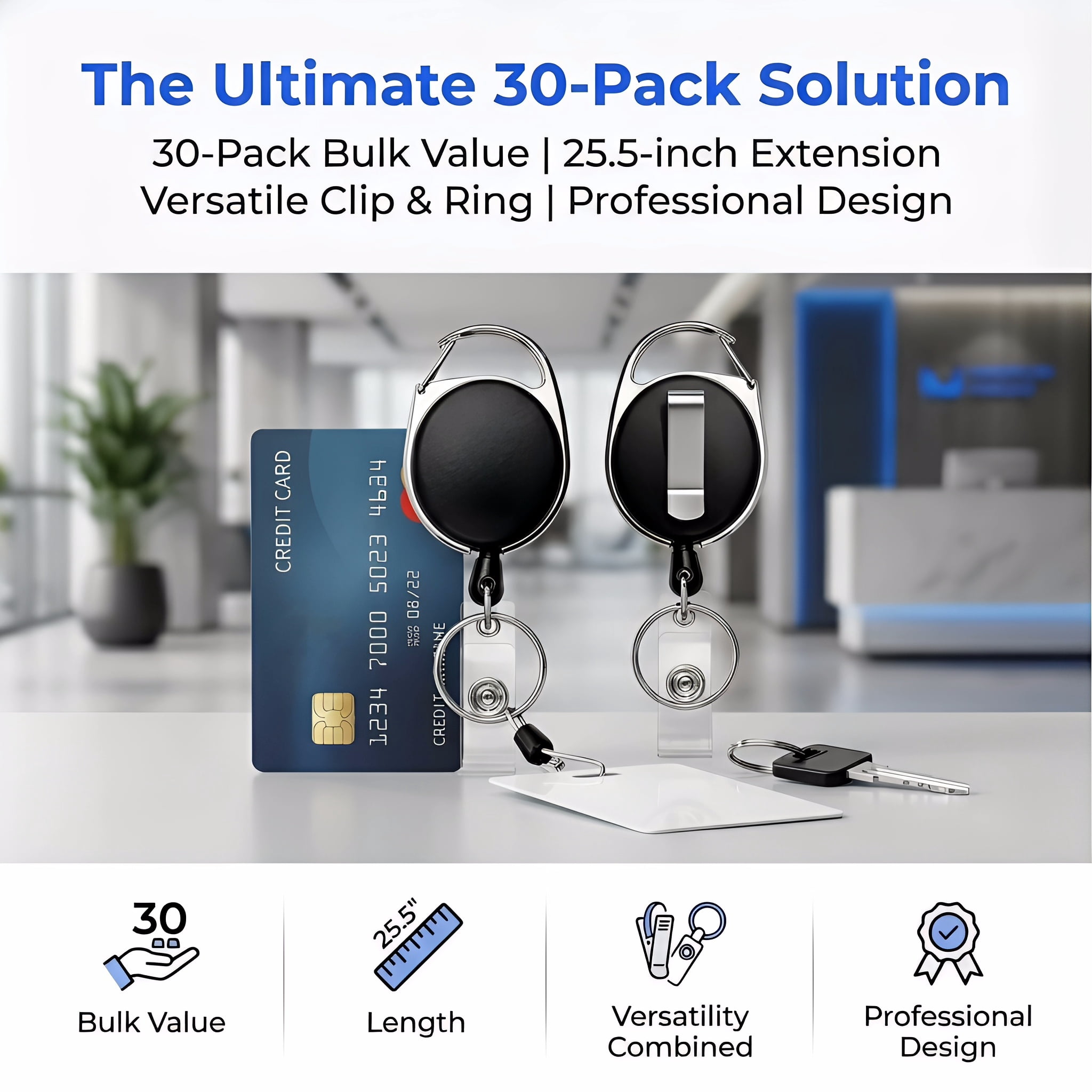 30 Packs Heave Duty Badge Reels Retractable with Carabiner Belt Clip and Key Ring,(Black, 26.5 Inch Pull Cord)