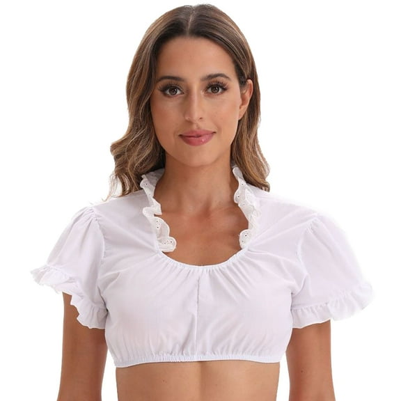 SWSMCLT Women's Dirndl Blouse Sheer Short Sleeve Oktoberfest Shirt Summer Bavarian Off the Shoulder Cropped Top Soft Halloween Outfits Lace Crop Top Cropped Top 70White 18