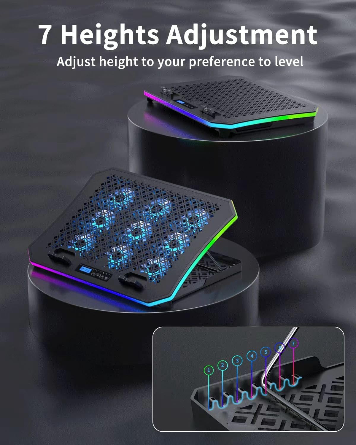 Upgraded Gaming Laptop Cooler Pad With 9 Quiet Rgb Fans  For 15.6-17.3 Inch Laptops 7 Height Stands 2 Usb Ports Phone Stand-blue