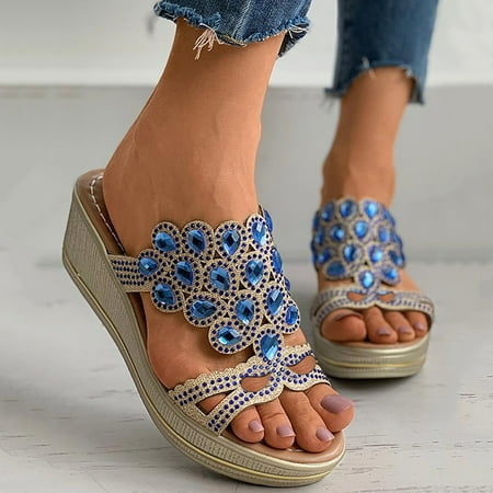 

Cathalem Women s Style Drop Slippers Wedges Heel Sandals Point Casual Water Causal Bohemian Wave Shoes Slope Womens Soft Sandals Blue 7.5