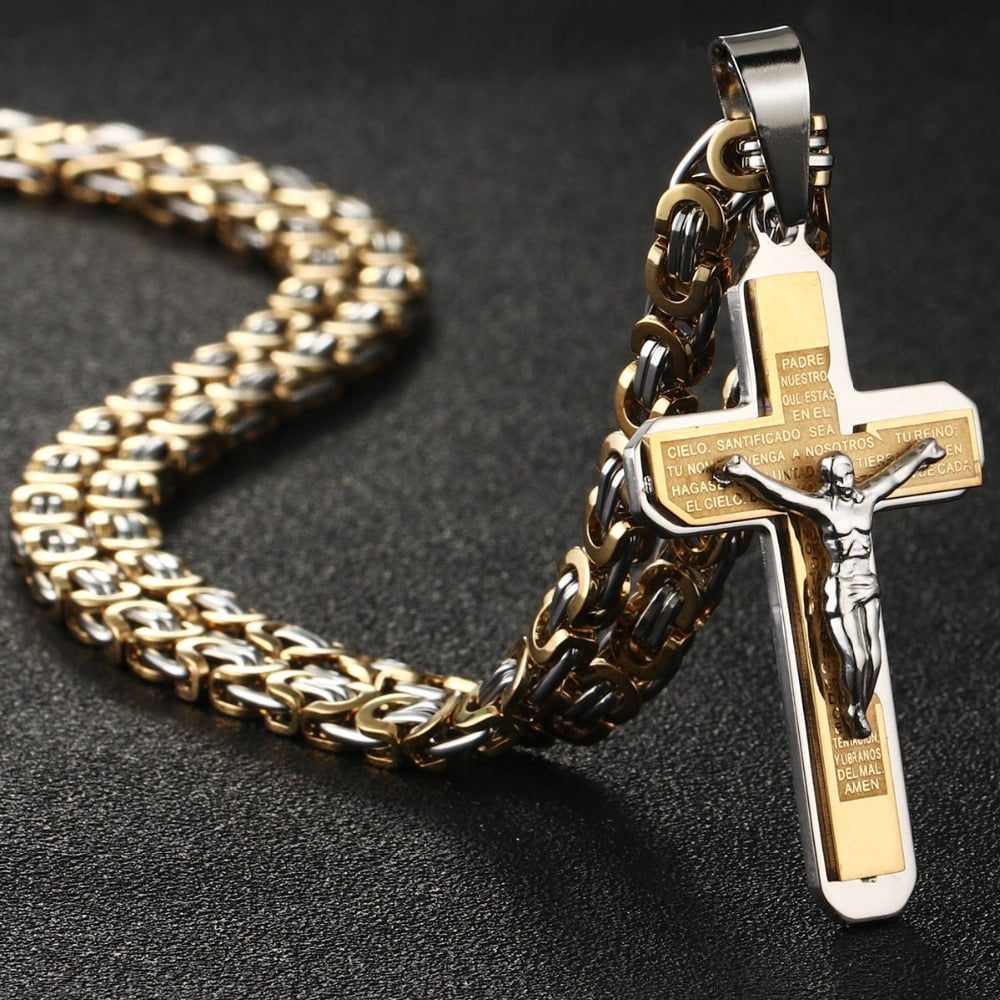 Lordluxury Crucifix Jesus Cross Necklace 14K Yellow Gold Christs Pendant Byzantine Chain Men Necklaces Jewelry Gifts