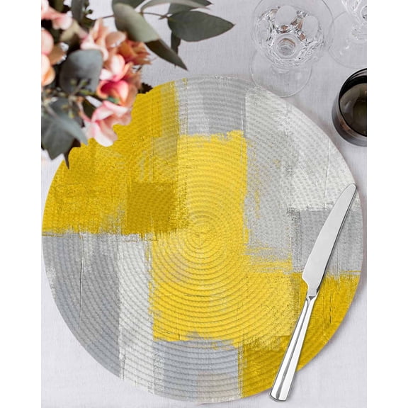13 Inch Round Placemats Set of 4, Yellow Abstract Non Slip Heat Insulation PP Table Mats, Grey Geometric Oil Painting Vintage Gradient Washable Place Mats for Kitchen Dining Party Table Decor