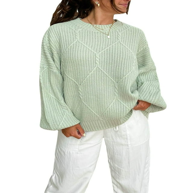 Women Loose Knit Sweater Solid Color Long Sleeve Winter Pullovers