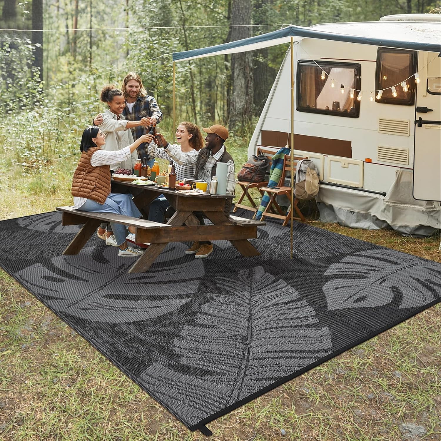 Funslane Outdoor Rug 8' x 10', Waterproof Plastic Straw Mat, Foldable & Reversible, Indoor Outdoor Rugs for Patio, Deck, RV, Beach, Picnic, Black/Gray