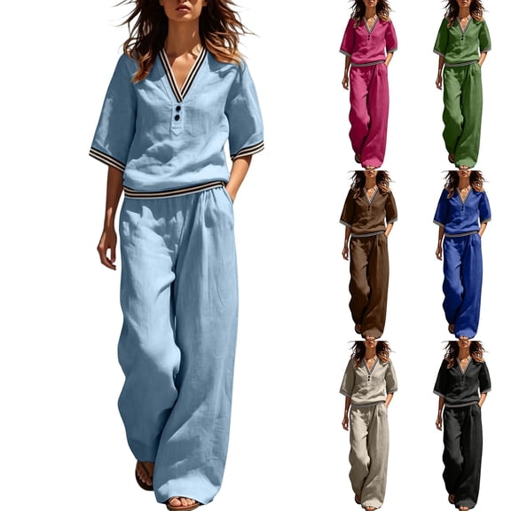 Xunmmm Summer Sets For Women Linen Sets 2 Piece Work Outfit V Neck Short Sleeve Shirt And Wide Leg Linen Pantss With Pockets Matching Set Women Clothing Linen Pants Beach Vacation Outfits