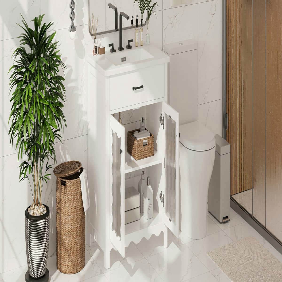 Spaco 31" Bathroom Vanity with Tempered Glass, Modern Bathroom Cabinet with Rubber Wood Legs and Soft Close Doors for Indoor, White