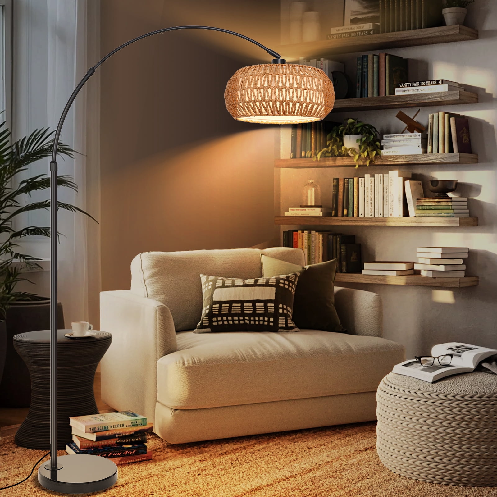 SERBASIC Floor Lamps for Living Room, Arc Boho Rattan Standing Floor lamp with Heavy Duty Marble Base, Stepless Dimmable Height Adjustable Tall Lamp for Bedroom