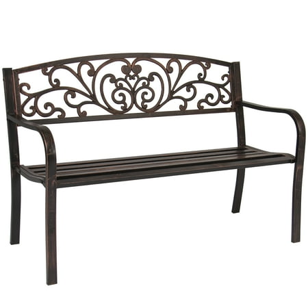 Stone Yard Outdoor Furniture Best Choice Products 50in Steel Outdoor Park Bench Porch Chair Yard Furniture w/ Floral Scroll Design, Slatted Seat for Backyard, Garden, Patio, Porch - Brown ()