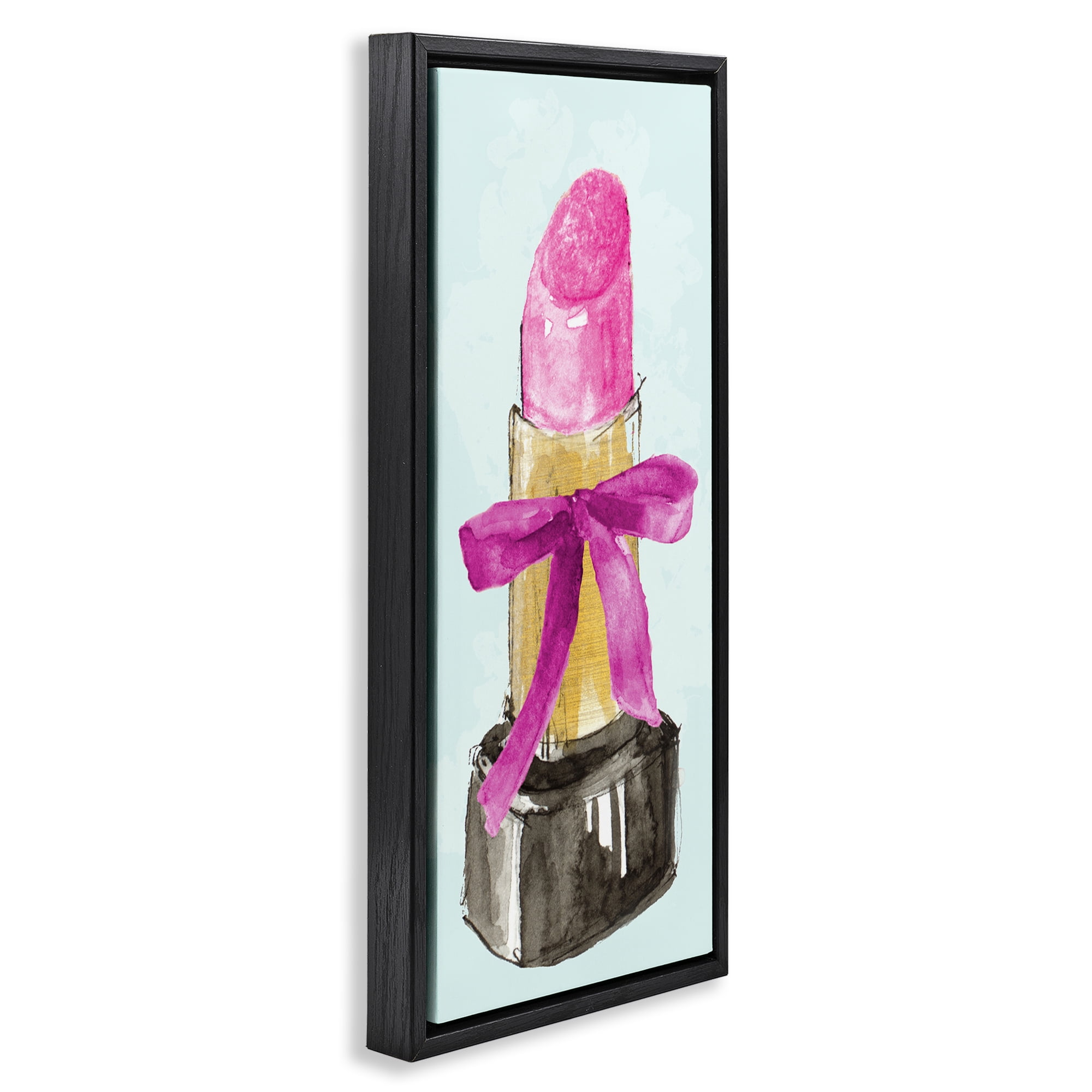Stupell Industries Lipstick & Pink Bow Fashion Painting Black Floater Framed Canvas Art Print Wall Art, 14 x 31