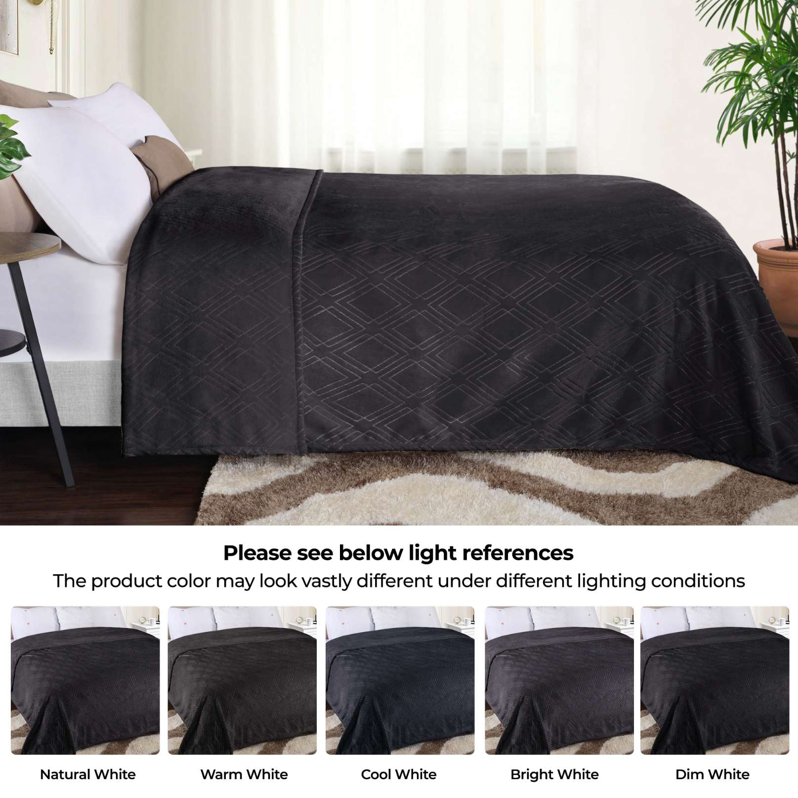 Superior Atka Fleece Diamond Blanket, 66" x 90" Soft Cozy Blankets, Twin Size, Black