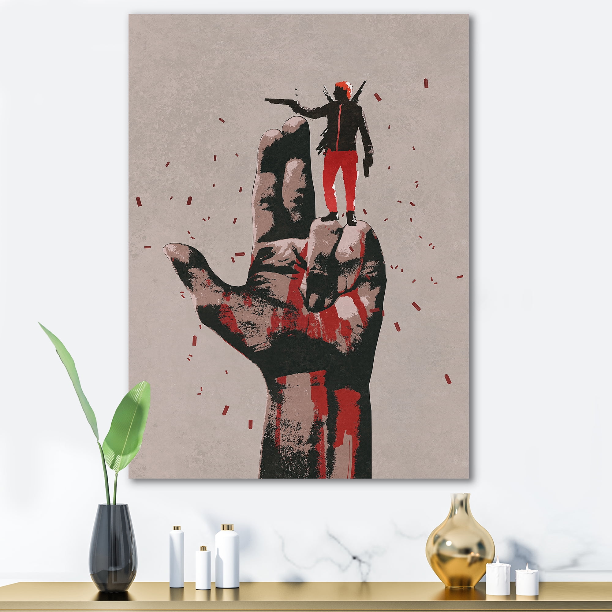 Gun Hand Sign With Man Shooting Gun 12 in x 8 in Painting Canvas Art Print, by Designart