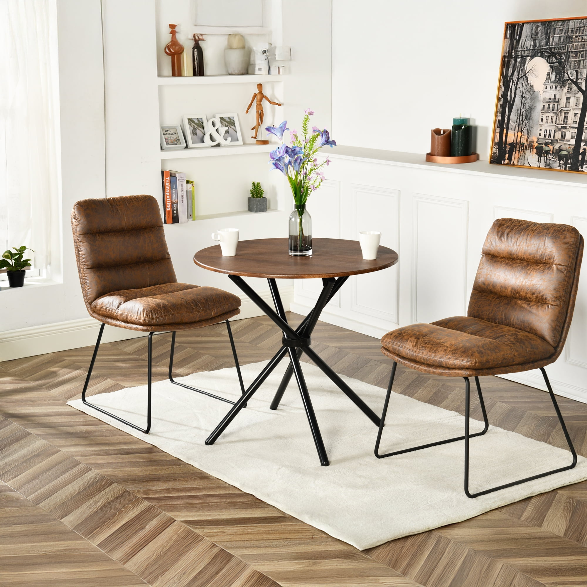 Homy Casa Industrial Dining Set with Faux Leather Chairs, 2-Person Round Espresso Table and Sled Legs, Compact Breakfast Nook for Kitchen or Apartment, Brown