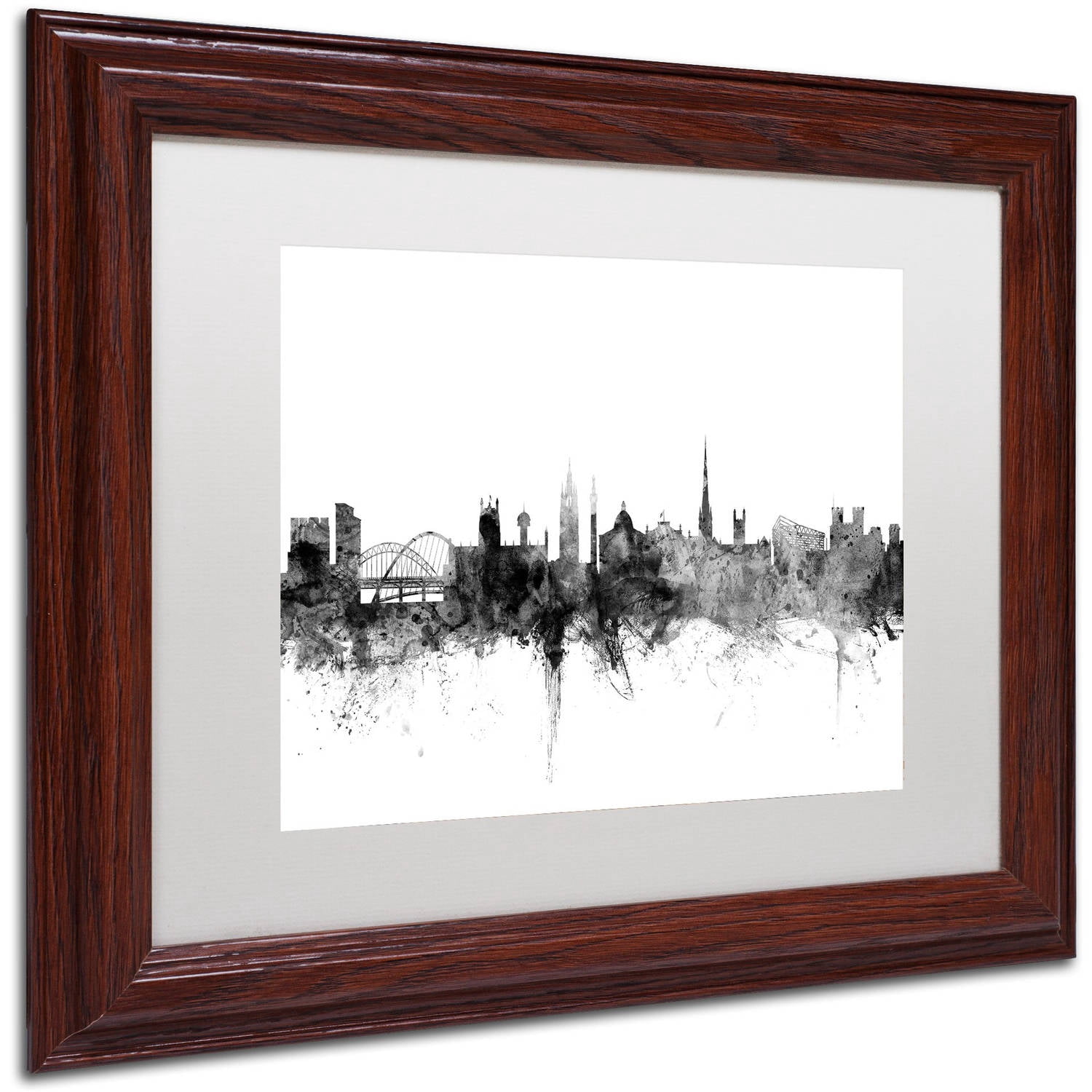 Trademark Fine Art "Newcastle England Skyline B&W" Canvas Art by Michael Tompsett, White Matte, Wood Frame