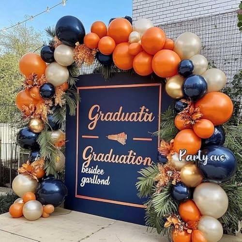 Navy Blue Orange Balloon Garland Arch Kit, Double Stuffed Dark Blue Burnt Orange Pearl White Sand Gold Balloon for Birthday Baby Shower New Year Party Decoration