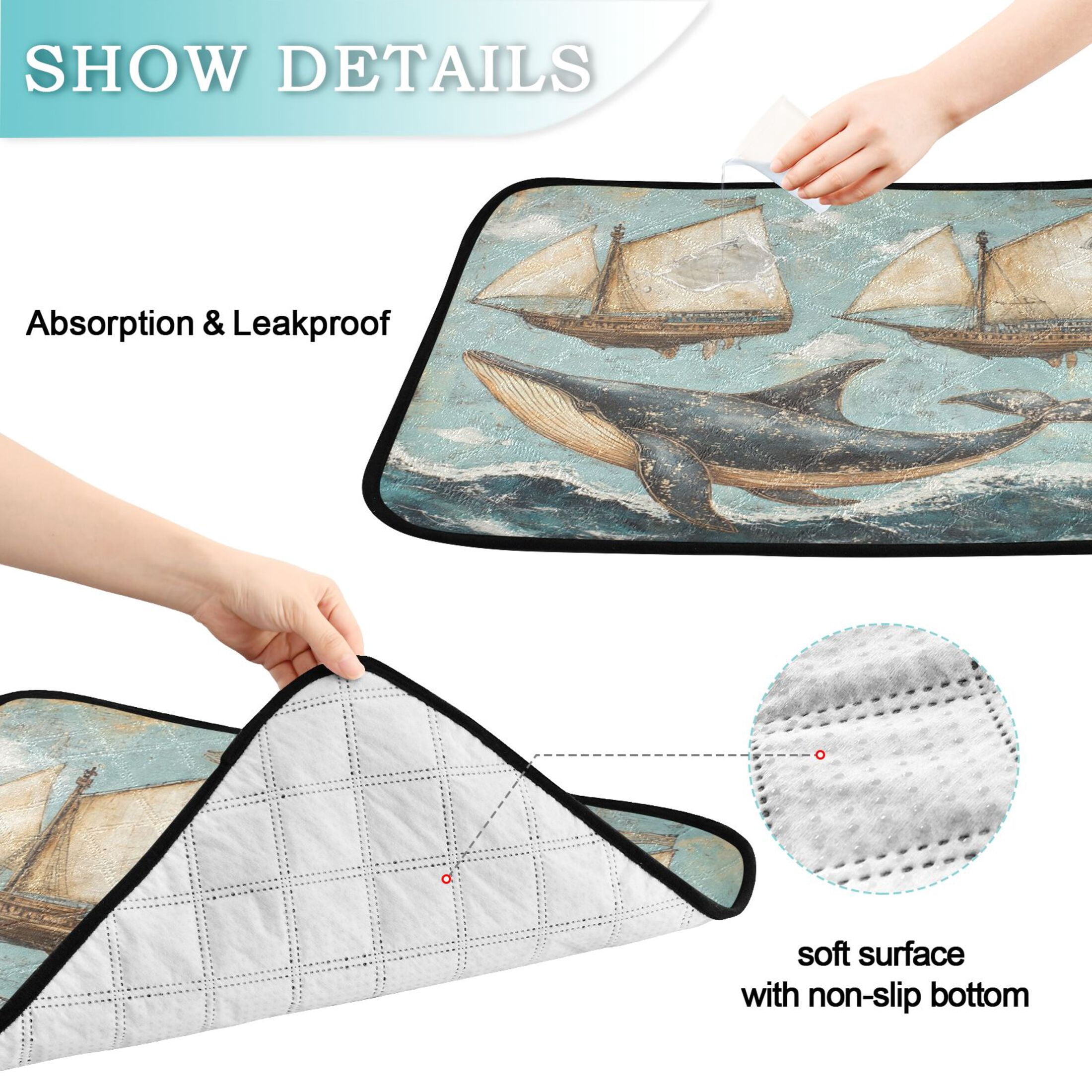 Qxltty Whales Swim with Sailboats Cat litter Pads Pet Set of 3 Diaper Mats Center Anti-leakage Layer Absorbent Soft and Comfortable
