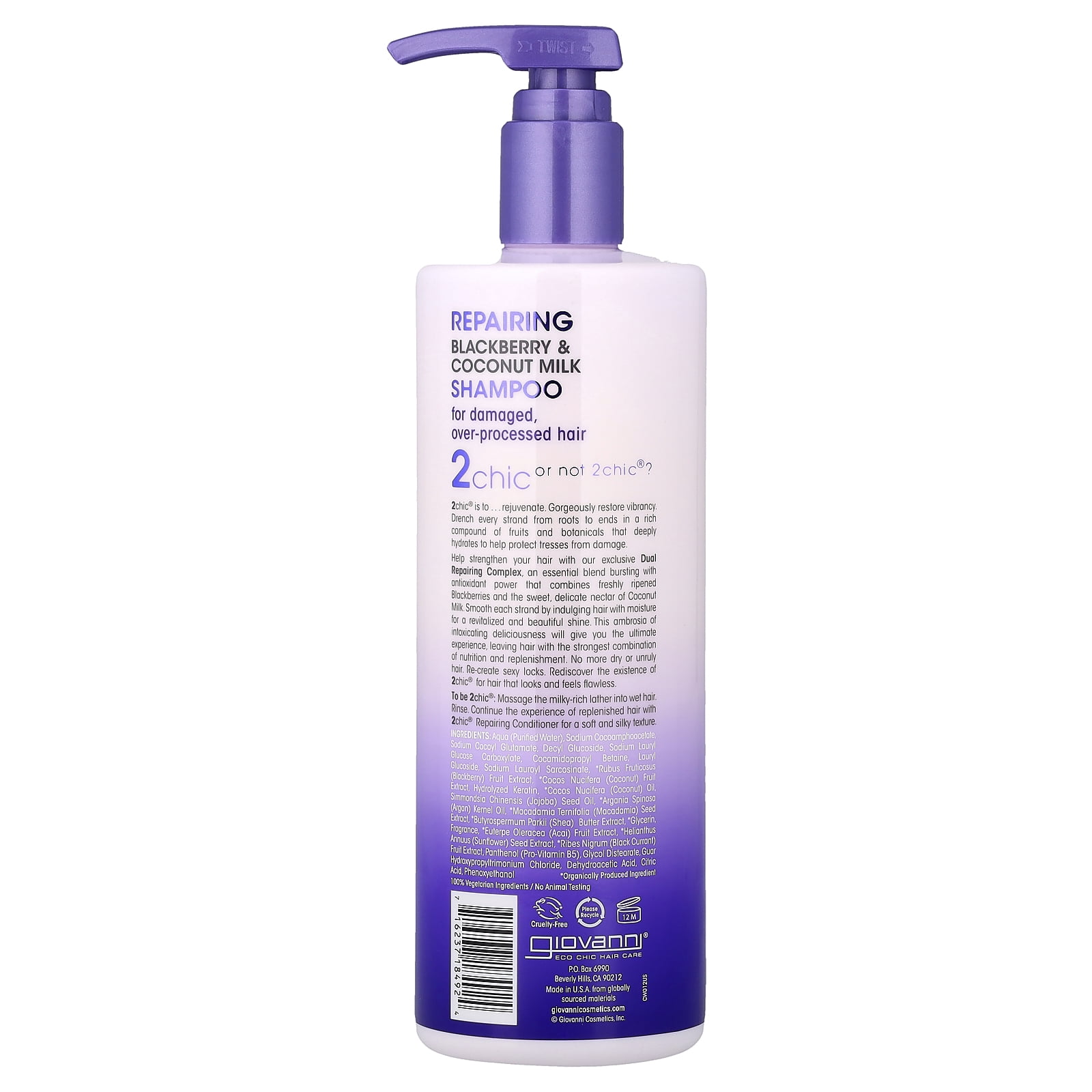 GIOVANNI 2chic Repairing Shampoo, 24 oz. Blackberry &amp; Coconut Milk for Dry Damaged Over Processed Hair, With Argan, Jojoba, Shea Butter,Sulfate Free, Color Safe, No Parabens (Pack of 1)