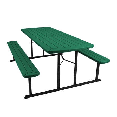 Hampden Furnishings Travis Collection UV-Resistant Folding Picnic Table with Built-In Benches and Umbrella Hole, Green