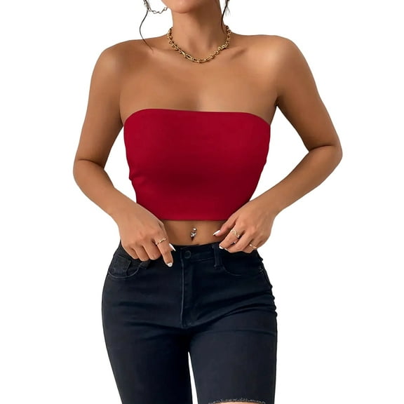 Womens Tube Tops Strapless Crop Tops Basic Backless Sleeveless Bandeau Going Out Cute 2025 Summer Outfits Wine Red S