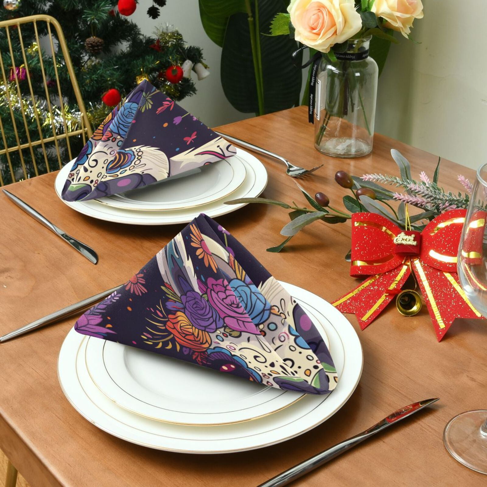 JSTEL Day Of The Dead Llama Alpaca Cloth Napkins Set of 6, 20x20 Inch Washable and Reusable Napkin for Decoupage Dinner Party Everyday Use