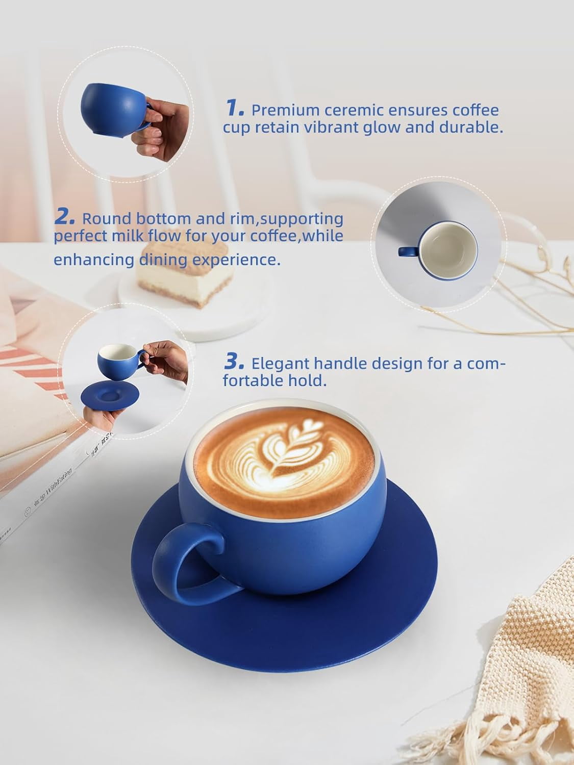 ABCISI Ceramic Coffee Cup with Saucer, 8.8 Oz  Lovely Round Shape Cafe Cup with Excellent Insulation Properties for Latte, Cappuccino, Espresso, Mocha, Coffee, Tea Cup Set,Blue