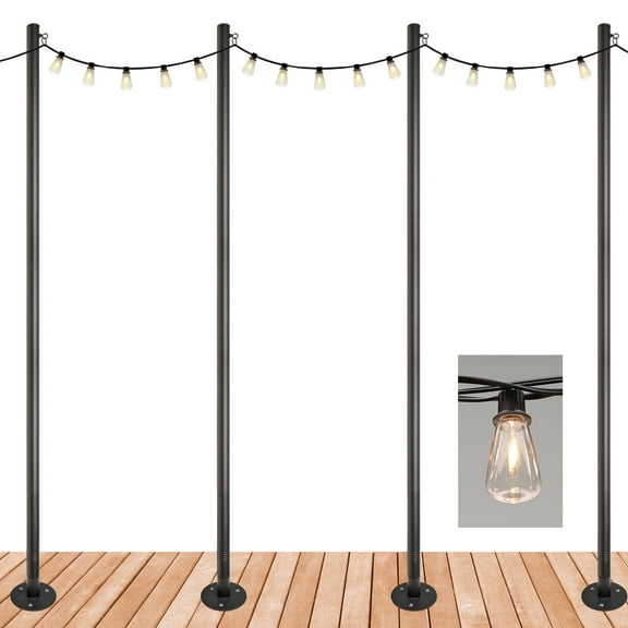 Excello Global Products Premium String Light Pole 4 Pack with 100' of LED Edison Bulb String Lights (Deck Mount)