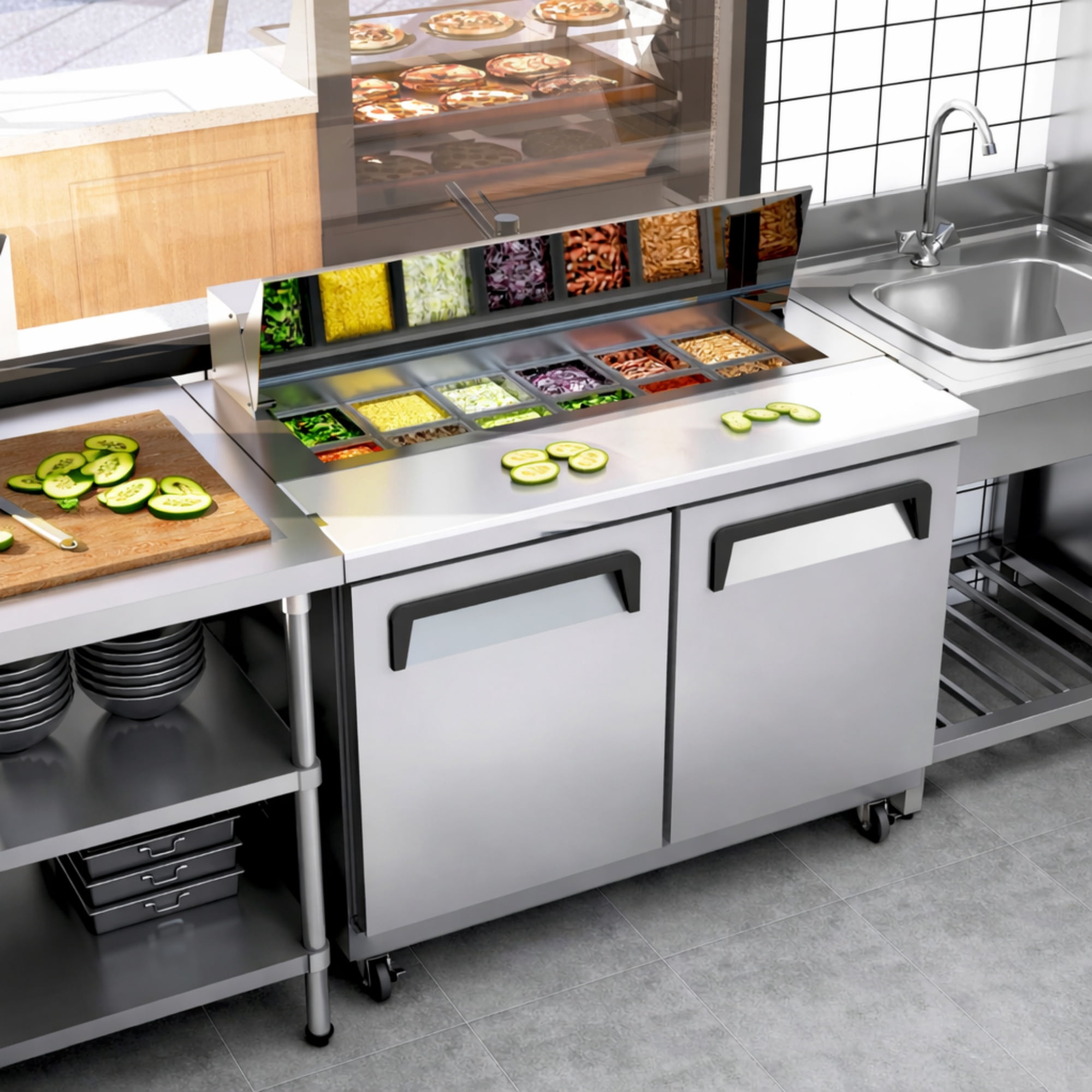Commercial Sandwich Prep Table Refrigerator, 12 Pan Capacity, Stainless Steel, NSF Certified, 2 Door Undercounter Prep Fridge with Casters