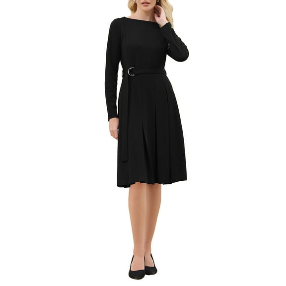 Women's Pleated Dress A Line Tie Waist Business Casual Long Sleeve Dresses S Black