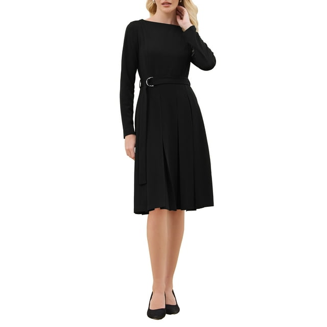 Vestido plisado de mujer Inspire Chic, corte A, con cinturón, casual de negocios, de manga larga, talla XL, negro