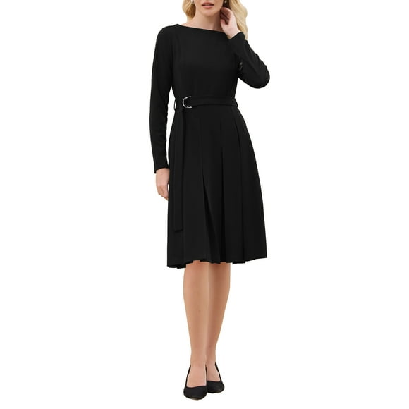 INSPIRE CHIC Women's Pleated Dress A Line Tie Waist Business Casual Long Sleeve Dresses L Black