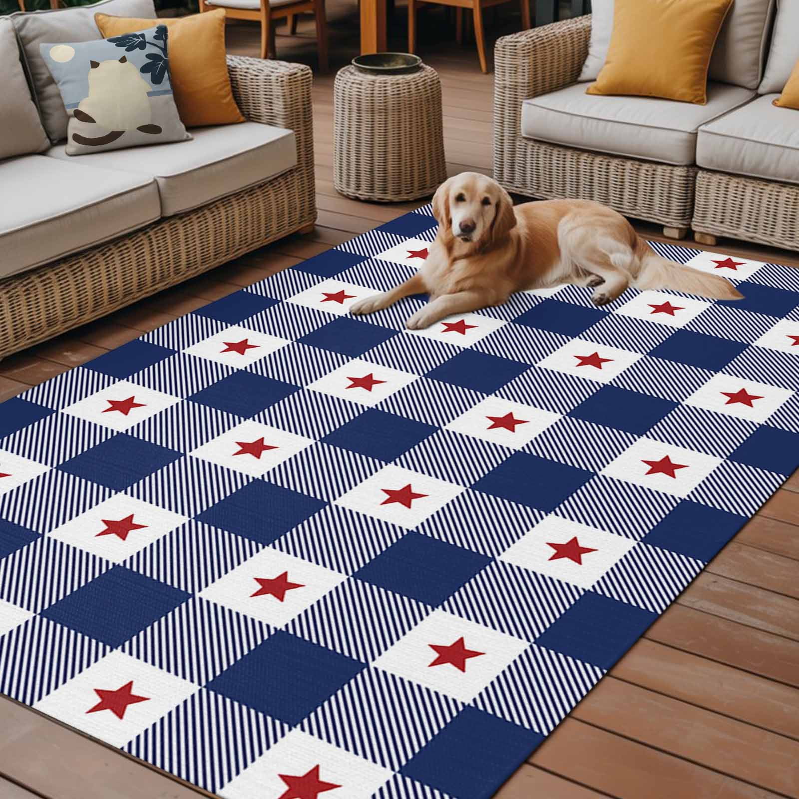 Outdoor Rug 4x6 ft 4th of July Red Americana Stars Waterproof Outdoor Patio Rug Mat Non Slip Outside Area Rugs Carpet for RV,Camping,Porch,Deck,Pool,Balconybackyard,Blue White Check Plaid