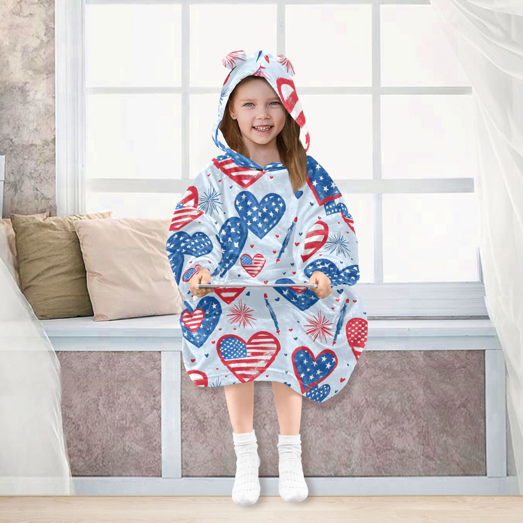 Dailycode Wearable Blanket Hoodie Oversized Sherpa Flannel Blankets with Pocket for 3-14 Year Old American Flag Heart