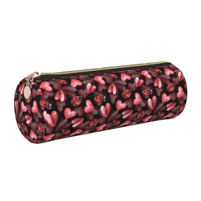 Easygdp Ladybugs and Red Hearts para Estuche de Lápices Cilíndrico de Cuero con Cremallera, Organizador de Lápices de Cuero para Escuela, Oficina y Viajes