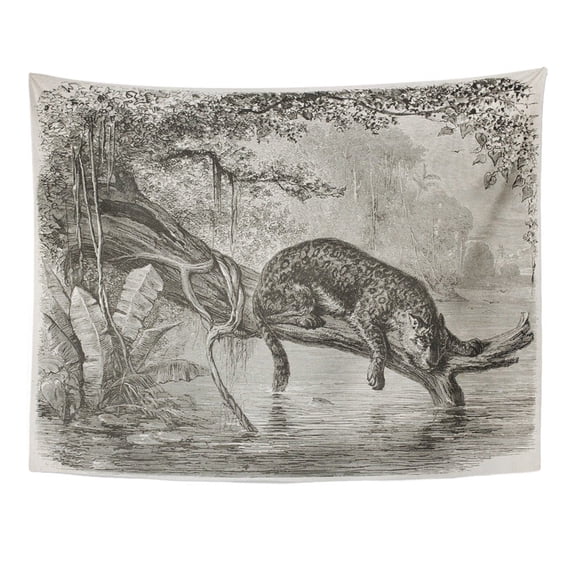 ZEALGNED Jaguar Fishing From Trunk Growing Over The River Created By Riou And Laplante Wall Art Hanging Tapestry Home Decor for Living Room Bedroom Dorm 60x80 inch