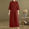 thumbnail image 2 of Two Piece Sets for Women Summer Casual Solid Color Cotton Linen Outfits 3/4 Sleeve Cardigan Wide Leg Pants Loungewear (Coffee L), 2 of 6