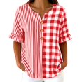 thumbnail image 2 of Molidfa Women's V-Neck Blouse 3/4 Sleeve Plaid Stretchable Pull-On Style Regular Fit Striped Casual Elegant Top, 2 of 5