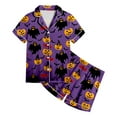 thumbnail image 4 of NOLDARES Boys Silk Pajamas Set Kids Halloween Pajamas Cute Pumpkin Print Short Sleeve Button Up Shirts Comfy Kids Girls Pajama(Purple,12-13 Years), 4 of 5