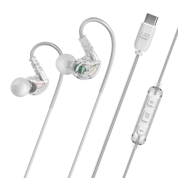MEE audio M6 Sport Audífonos con Cable USB-C con Ganchos de Oreja de Alambre de Memoria con Micrófono y Auriculares Remotos de 3 Botones para iPhone 17 y Dispositivos USB Tipo C (Transparente)