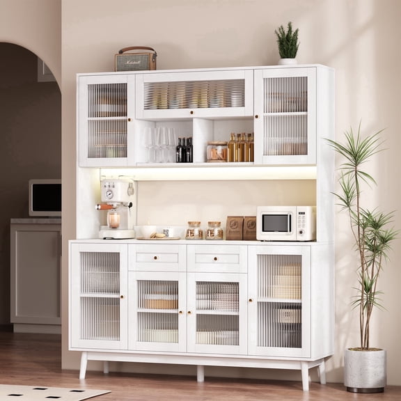 RichYa Kitchen Pantry with RGB LED Light,2 Drawers Hutch Storage Cabinet with Doors & Adjustable Shelves,Cupboard Buffet for Dining Room,White