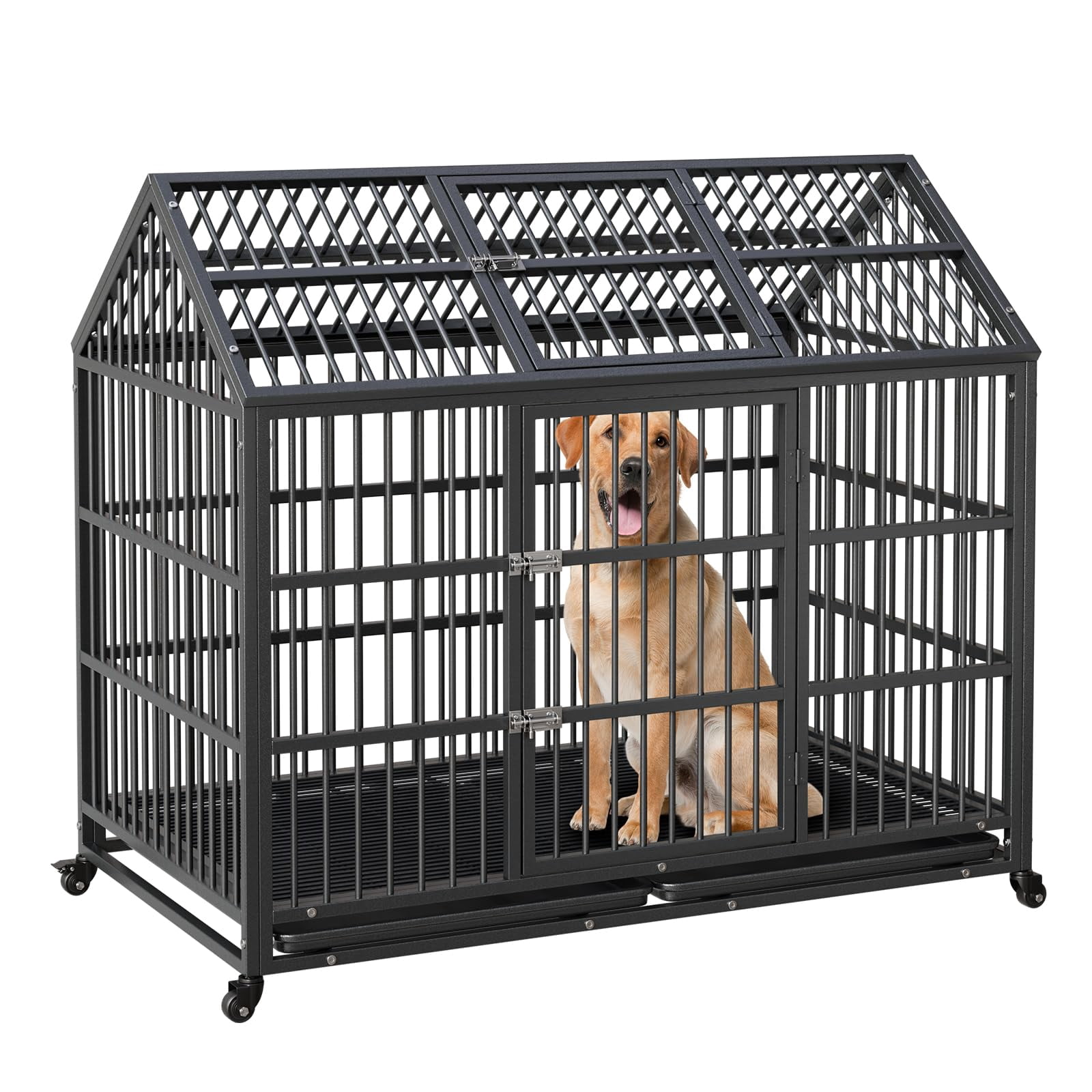 Garvee Heavy Duty Dog Crate, 52 Inch Indestructible Metal Dog Kennel Cage for Large Medium Small Dogs, Indoor Dog Crate with Lockable Wheels and Removable Tray
