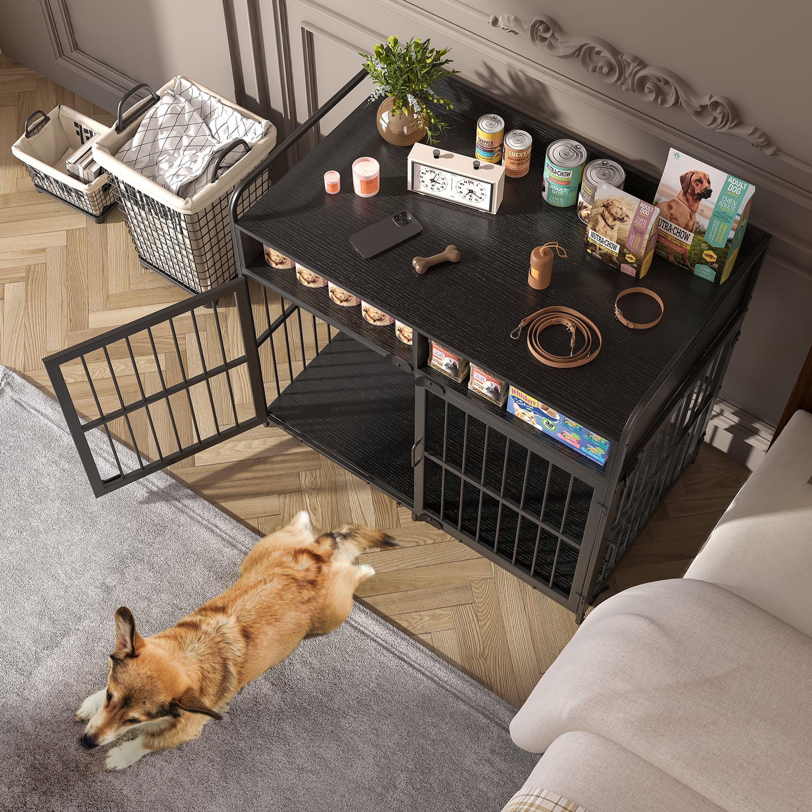 Large Furniture Dog Crate, Dog Kennel Indoor, Wood Dog Cage Table with Drawers Storage