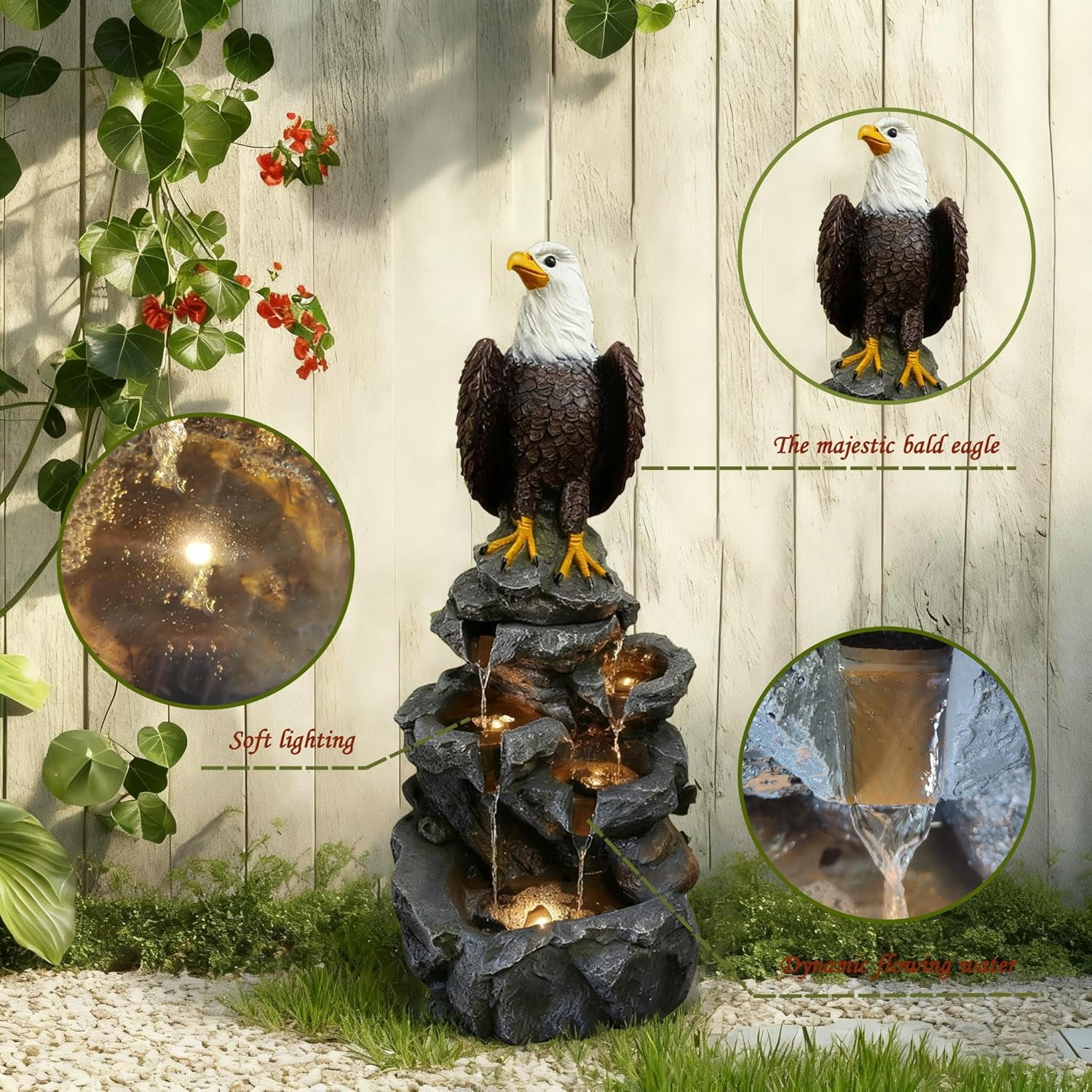 Eagle Outdoor Fountain with 5 Layers of LED Lights,Suitable for Gardens,Courtyards and Interior Decoration